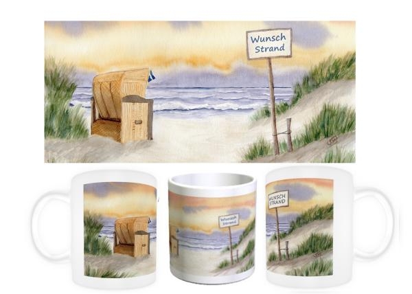 Tasse Becher Kaffeebecher Aquarell Kunst Druck Kunstdruck Strandkorb Sonnenuntergang Nordsee Insel Langeoog Suntergang Meer Möwe Strand Wunschname